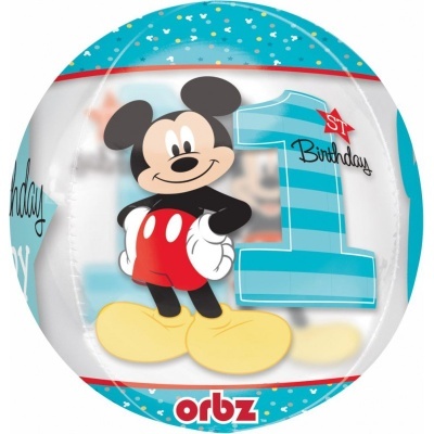 Balão redondo azul e branco com Mickey Mouse e texto de 1º aniversário