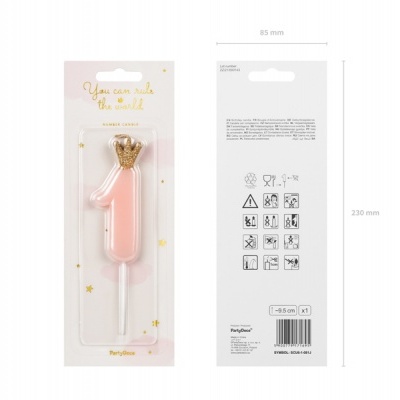 Vela de aniversário número 1 cor rosa com coroa dourada em embalagem