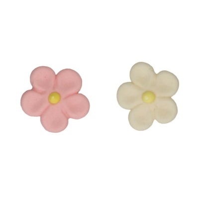 Amendoins em forma de flor rosa e branco com centros amarelos