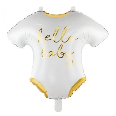 Balão body de bebé branco com texto dourado 'hello baby'