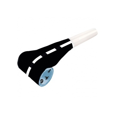 Apito preto com detalhes brancos, interior azul claro com símbolos pretos