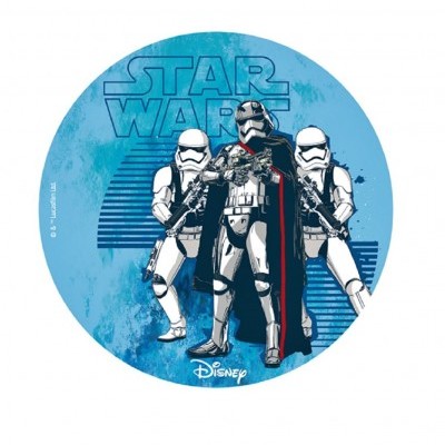 Imagem circular azul com Stormtroopers e texto Star Wars