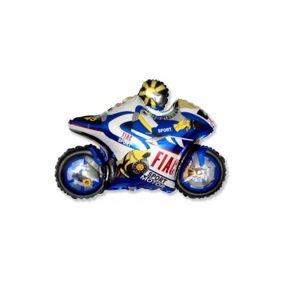 Balão em forma de moto de corrida azul, branco e amarelo com texto 'FIAG SPORT MOTO'