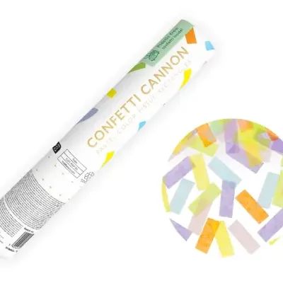 Confetti Cannon cilíndrico branco com confetes coloridos pastel em papel retangular