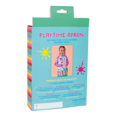 Embalagem azul de avental infantil Playtime Apron com imagem de criança a usar avental colorido