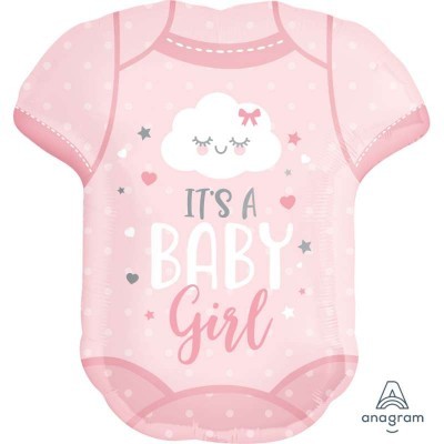Body de bebé rosa com texto 'IT'S A BABY Girl' e desenhos de nuvem e estrelas