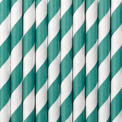 Palhinhas de papel verdes e brancas com padrão em espiral