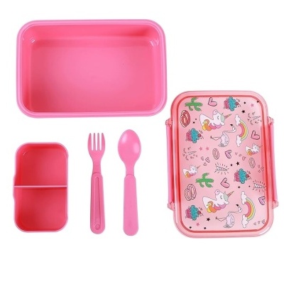 Lancha infantil rosa com desenhos de unicórnios e arco-íris, inclui bandeja, talheres e tampa