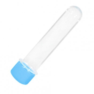 Frasco cilíndrico transparente com tampa azul