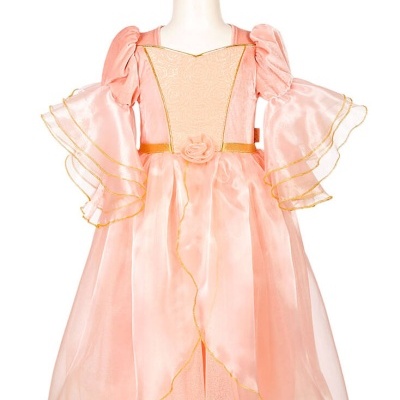 Vestido infantil cor-de-rosa com mangas bufantes e detalhes em dourado