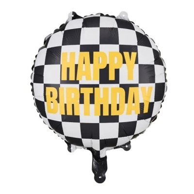 Balão redondo de alumínio com padrão de xadrez preto e branco e texto amarelo 'HAPPY BIRTHDAY'.