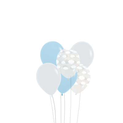 Balões de látex azul claro, branco e transparente com nuvens brancas