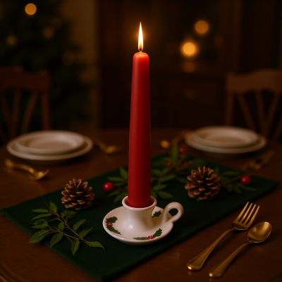 Vela vermelha em base branca decorada com folhas e frutos, sobre caminho de mesa verde com pinhas e talheres dourados