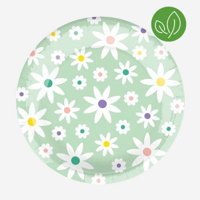 Prato descartável decorado com flores coloridas em fundo verde claro