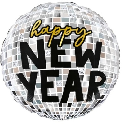 Balão prateado com texto 'happy NEW YEAR'