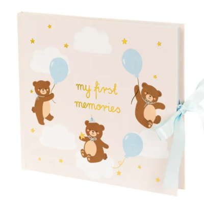 Álbum de memórias rosa com ursos e balões azuis