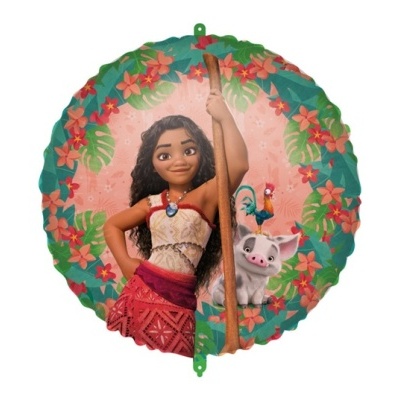 Balão redondo decorativo com a personagem Moana e seus animais ao lado.