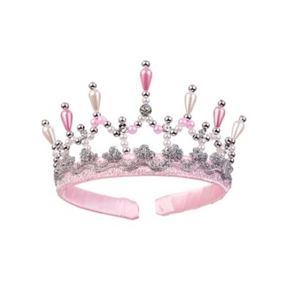Tiara de coroa decorativa com pérolas e bolas prateadas em base rosa