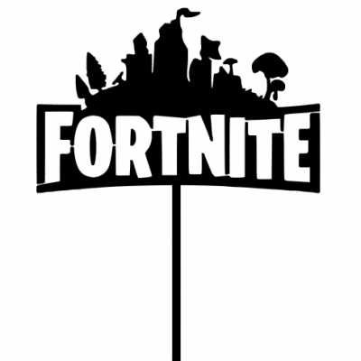 Logótipo preto e branco do jogo FORTNITE com silhueta de edifícios e árvores