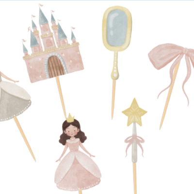 Toppers decorativos de papel com temas de princesas e castelo em tons pastel