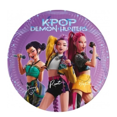 Prato de papel K-POP DEMON HUNTERS com três personagens femininas animadas
