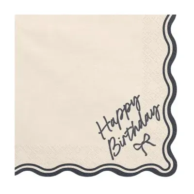 Guardanapo de papel bege com borda preta e texto Happy Birthday