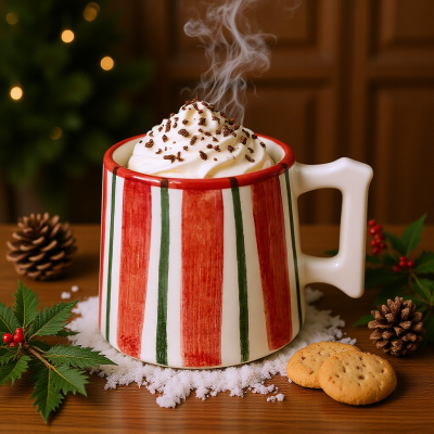 Caneca branca com riscas vermelhas e verdes cheia de bebida quente com chantili e chocolate, ao lado de bolachas e decoração natalícia.