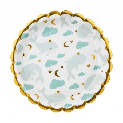 Prato redondo de papel com borda dourada e padrão de golfinhos e estrelas