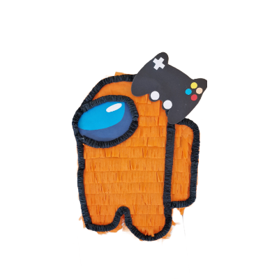 Piñata Among Us laranja com comando de jogo preto