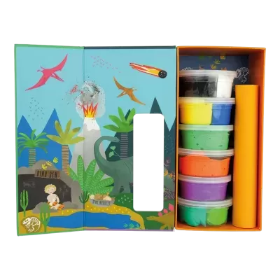 Conjunto de plasticinas coloridas com ilustração de dinossauros