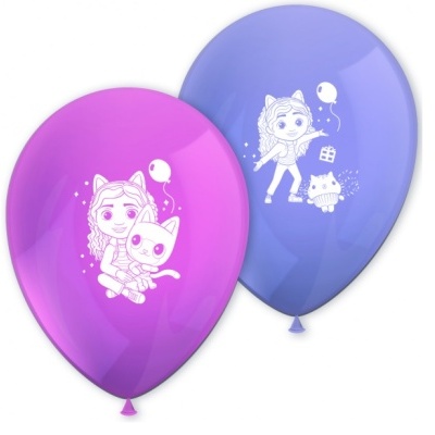 Balões rosa e azul com desenhos brancos de menina e gato