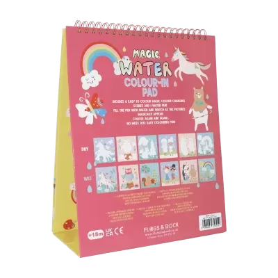 Bloco para colorir Magic Water Colour-In Pad com capa rosa e desenhos de urso, unicórnio e arco-íris