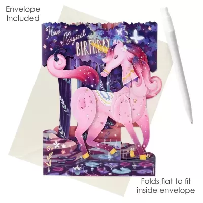 Cartão pop-up de unicórnio cor de rosa com envelope branco e caneta