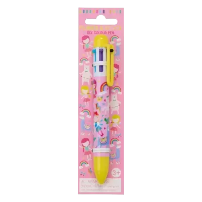Caneta de seis cores Floss & Rock com desenhos coloridos em fundo rosa