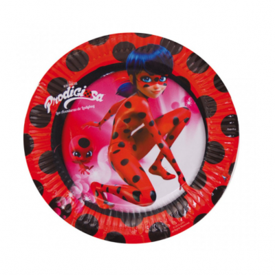 Prato de papel vermelho com pintas pretas e personagem de desenho animado