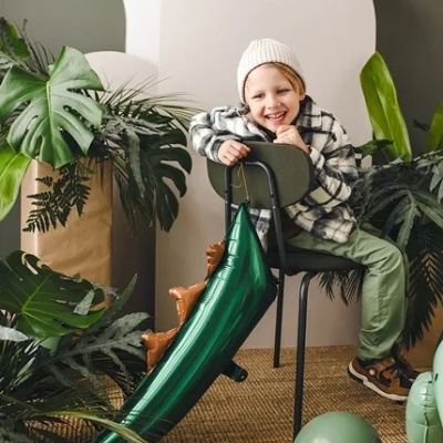 Criança sentada em cadeira com balão verde cauda de dinossauro e plantas ao redor