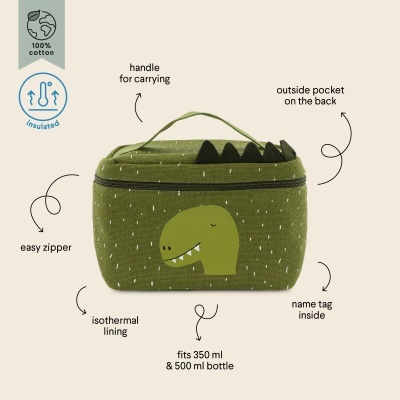 Bolsa isoterma verde com desenho de dinossauro e alça para carregar