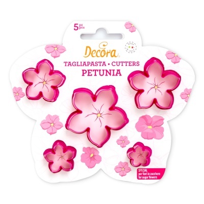 Conjunto de 5 cortadores de plástico rosa em forma de flor petúnia, embalagem branca com texto e ilustrações de flores.