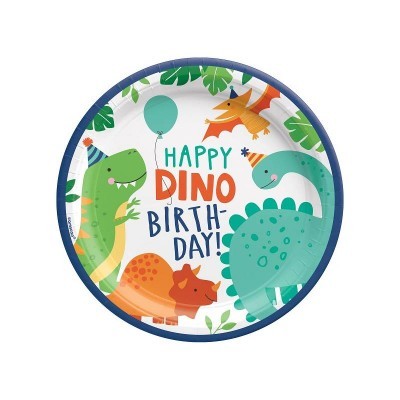Prato de papel azul com dinossauros e texto de aniversário