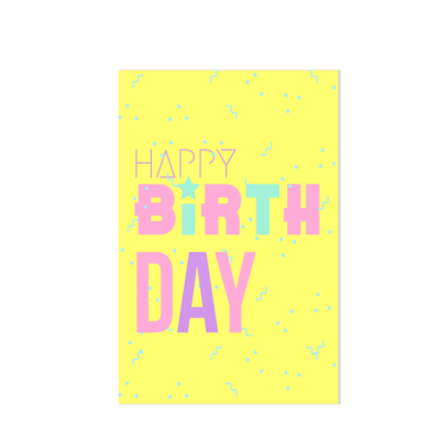 Cartão amarelo com texto colorido 'HAPPY BIRTHDAY' e decoração de confetes azuis