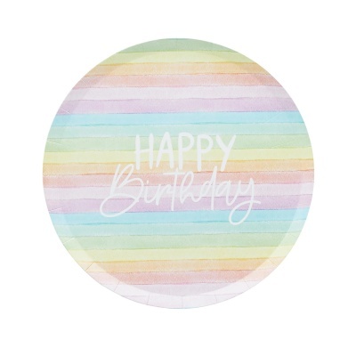 Prato de papel com listras pastel e texto branco 'HAPPY Birthday'