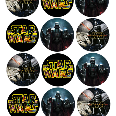 Doze imagens redondas com temas Star Wars, incluindo logotipo, Darth Vader com robôs e Darth Vader com sabre de luz e nave Millennium Falcon.