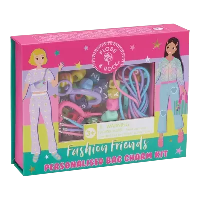 Kit de personalização de porta-chaves da Floss & Rock em embalagem rosa com ilustrações.