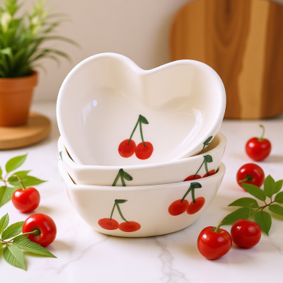 Três tigelas cerâmicas em forma de coração com desenho de cerejas vermelhas