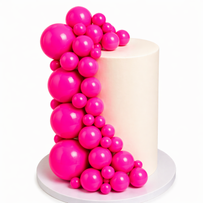 Bolo branco cilíndrico com esferas cor-de-rosa brilhantes decorativas