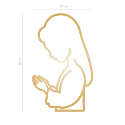 Desenho dourado de mulher a rezar, 7,5x12 cm.