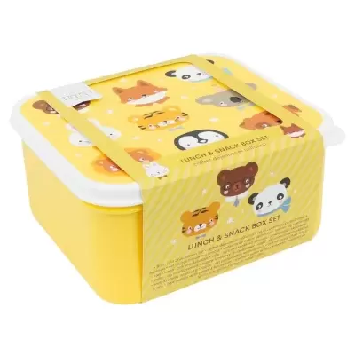 Caixa para comida e snacks amarela com tampa branca e ilustrações de animais sorridentes