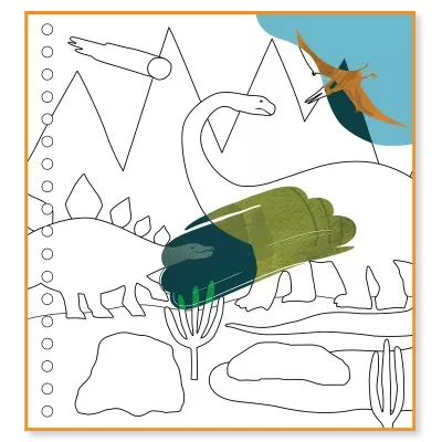 Desenho infantil para colorir com dinossauros e paisagem com manchas coloridas