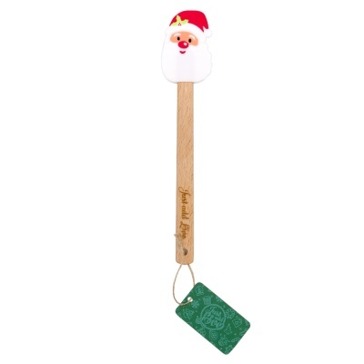 Espátula de cozinha com cabeça de silicone em forma de Pai Natal e cabo de madeira.