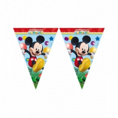 Bandeirolas triangulares com imagem do Mickey Mouse e texto Mickey Mouse Clubhouse